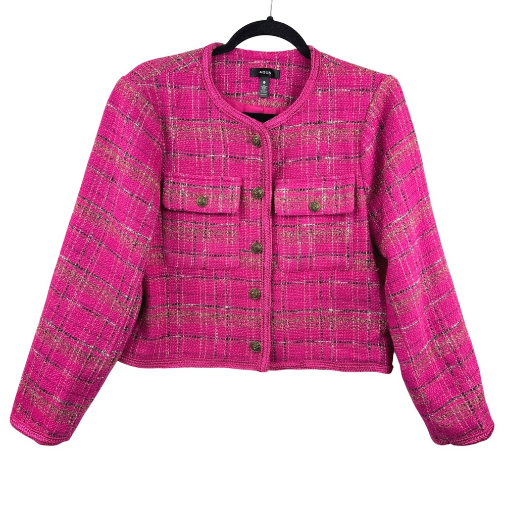 AQUA Tweed Plaid Jacket Women Medium Pink Gold Button Cropped Wool Blend Preppy - Picture 6 of 13